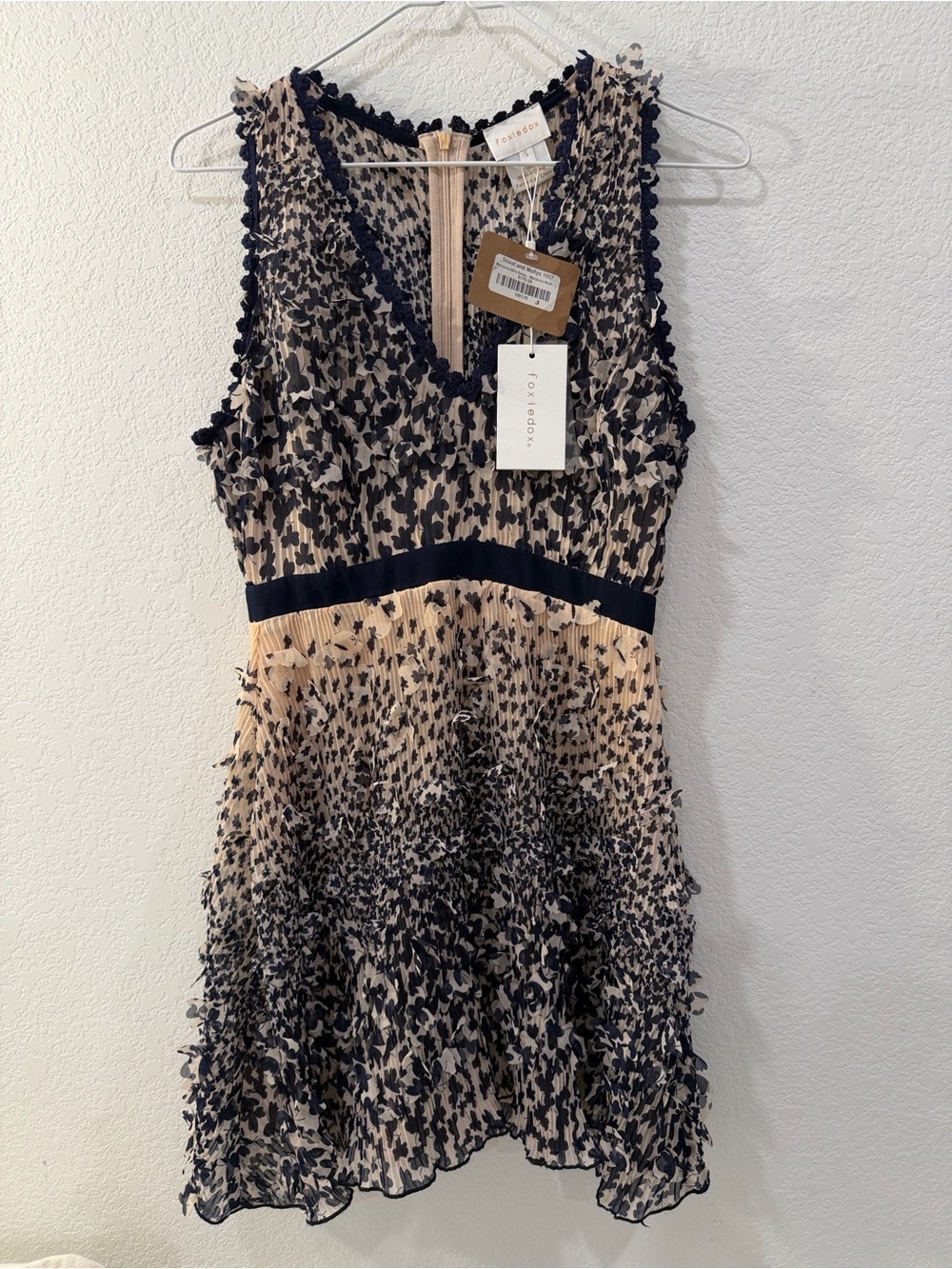 Foxiedox Mariposa Mini Dress Size S Navy Floral 3D Appliqué NWT